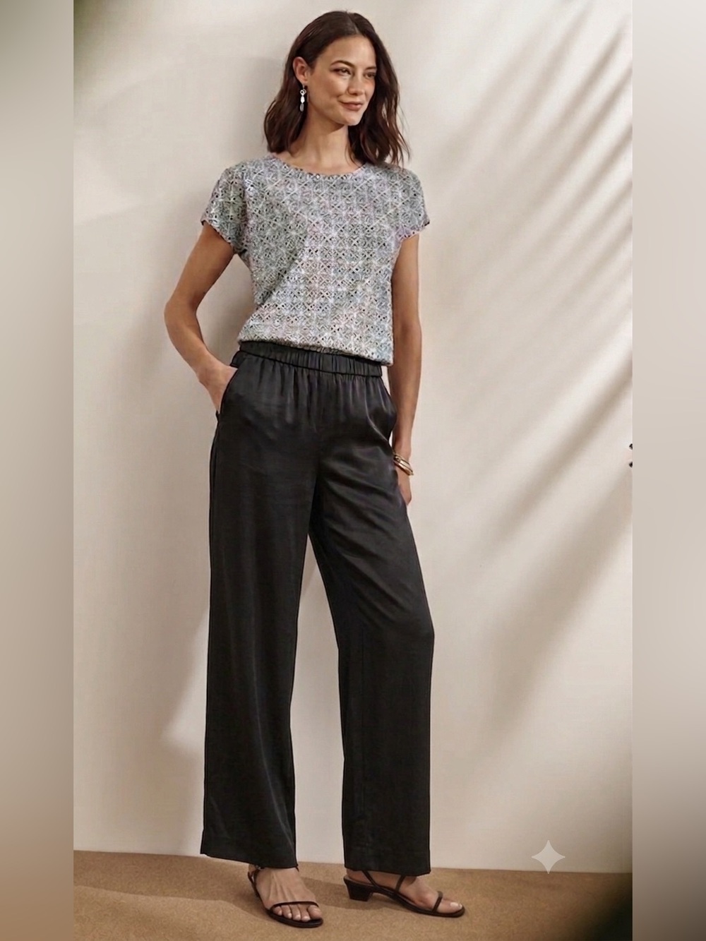J Jill Satin Crepe Wide Leg Pants Elastic Waist Black Greystone Office NWT Large